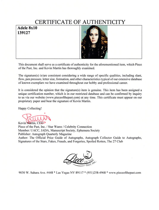Certificate of authenticity – Adele – Adele signed photograph