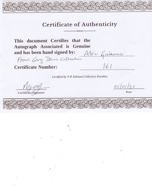 Certificate of authenticity – Alec Guinness – Signed photograph