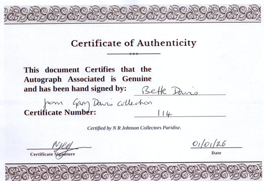 Certificate of authenticity – Bette Davis – Signed photograph