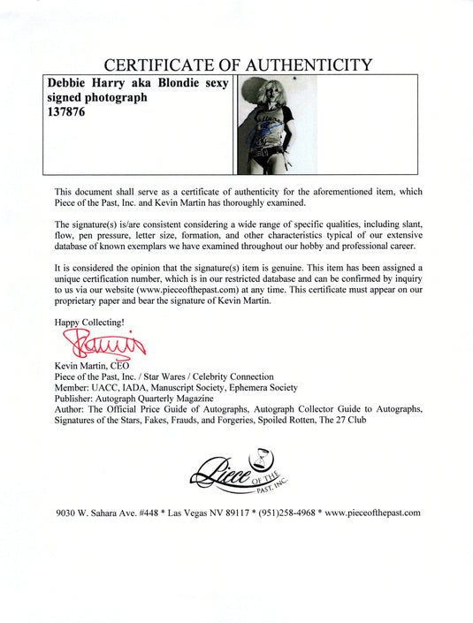 Certificate of authenticity – Debbie Harry (Blondie) – Debbie Harry aka Blondie sexy signed photograph