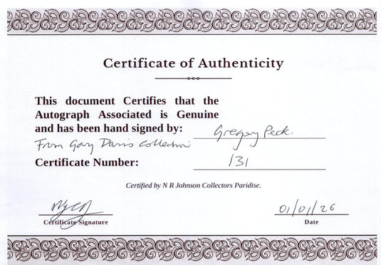 Certificate of authenticity – Gregory Peck – Signed photograph