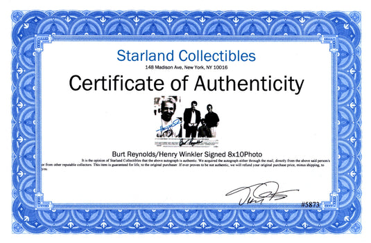 Certificate of authenticity – Henry Winkler & Burt Reynolds – 8 × 10 autographed signed photo