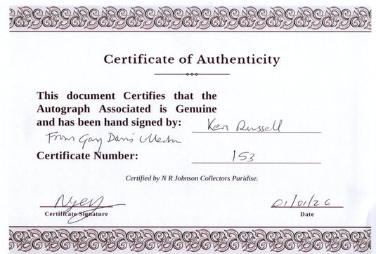 Certificate of authenticity – Ken Russell – Signed Photograph with Certificate of Authenticity
