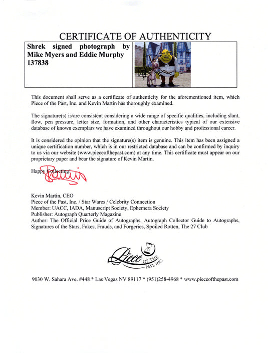 Certificate of authenticity – Mike Myers & Eddie Murphy – Shrek signed photograph by Mike Myers and Eddie Murphy