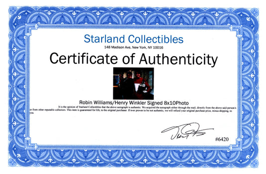 Certificate of authenticity – Robin Williams & Henry Winkler – 8 × 10 autographed signed photo