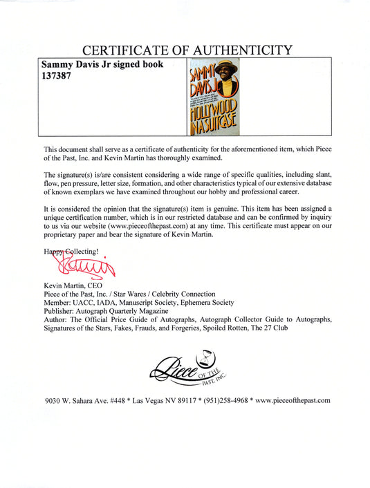 Certificate of authenticity – Sammy Davis Jr. – Signed book